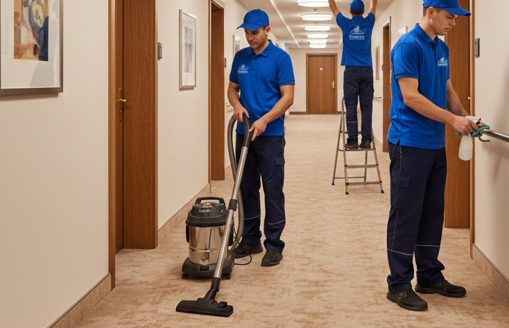 Professionelle Kehrwoche Tübingen Reinigungskräfte in blauer Arbeitskleidung führen im Rahmen der Kehrwoche eine gründliche Flurreinigung mit Staubsauger und Reinigungsmittel