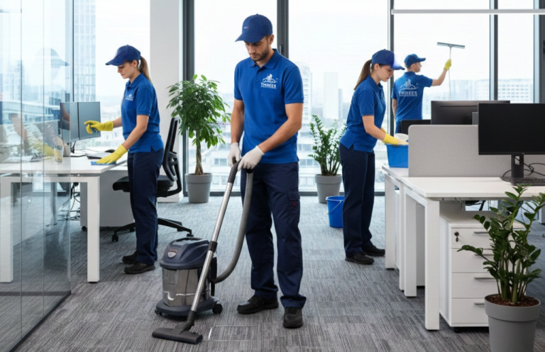 Professionelle Büroreinigung Tübingen Reinigungspersonal in blauen Uniformen putzt in einem modernes Büro den Boden, die Fenster und Schreibtische.