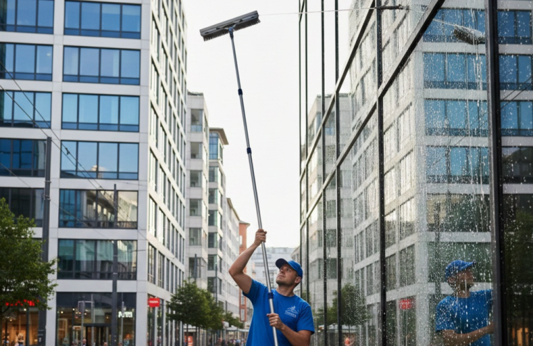 Professionelle Reinigung von Fenstern und Glasflächen Tübingen Reinigungsmitarbeiter bei der professionellen Fenster- und Glasreinigung