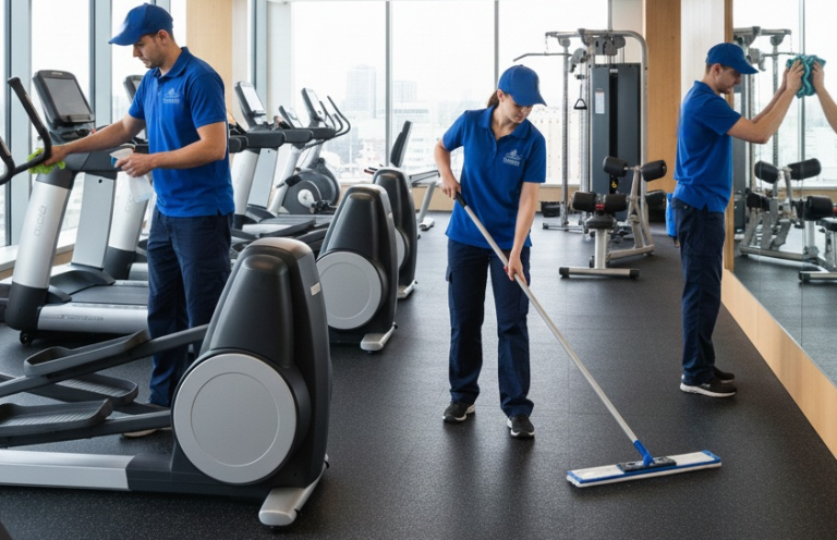 Professionelle Fitnessstudioreinigung in Tübingen Reinigungsmitarbeiter in blauer Arbeitskleidung bei der professionellen Reinigung eines Fitnessraums
